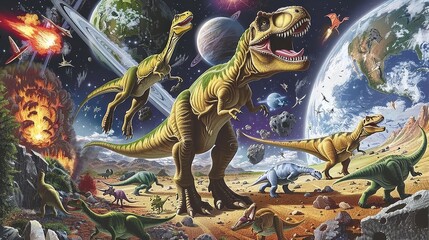 A dinosaur is running through a scene with other dinosaurs and planets