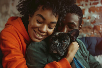 Obraz premium Generated with ai image of a beautiful cheerful loving couple hugging pet at home together