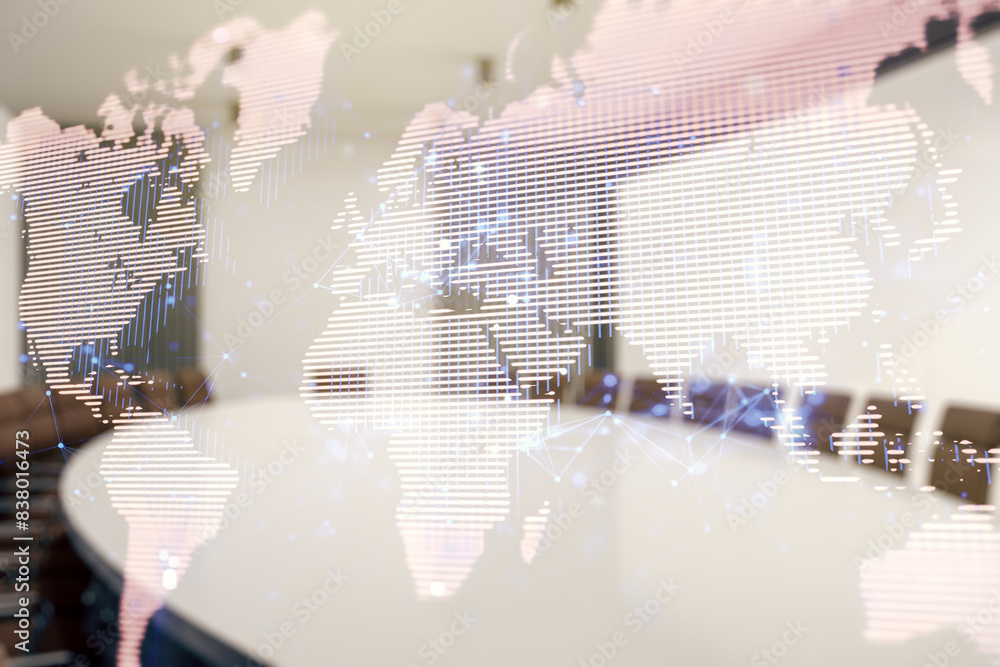 Poster double exposure of abstract digital world map hologram on a modern boardroom background, big data an