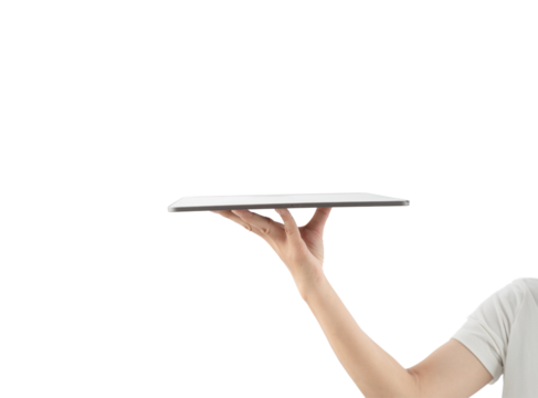 A person is holding a tablet in their hand, possibly a tablet computer