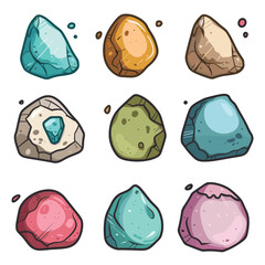 Assorted colorful gemstones cartoon style. Precious stones game graphics isolated white background. Various shapes gems clipart collection