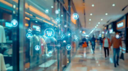 Integrated retail management system. The concept of omnichannel retailing, illustrating a unified customer service experience across digital and physical channels