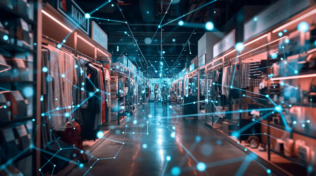 Integrated retail management system. The concept of omnichannel retailing, with a shopper browsing online and purchasing in-store, connected through a digital interface
