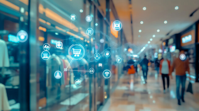 Integrated retail management system. The concept of omnichannel retailing, illustrating a unified customer service experience across digital and physical channels