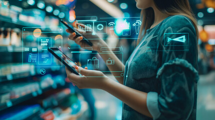 Integrated retail management system. The concept of omnichannel retailing, displaying a unified marketing strategy across social media, online, and physical stores