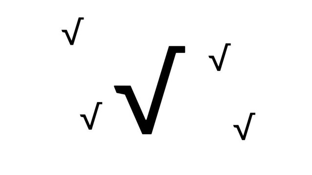 Zoom in and out animation the square root symbol. Large black symbol in the center and four small symbols around. Seamless looped 4k animation on white background
