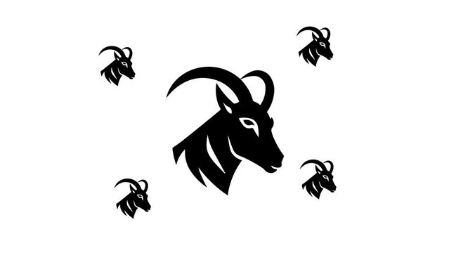 Zoom in and out animation the goat's head symbol. Large black symbol in the center and four small symbols around. Seamless looped 4k animation on white background