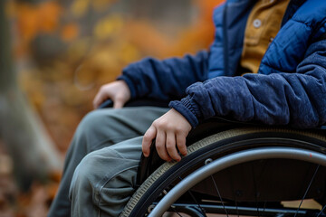 Obraz premium Generated by AI illustration of disabled man woman person using wheelchair on city nature park outdoors disability insurance