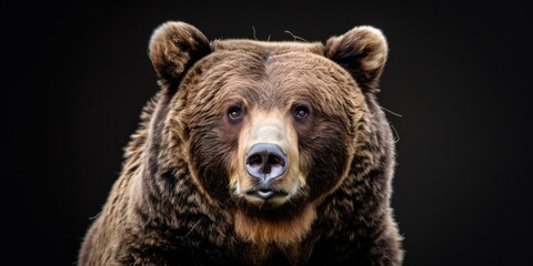  Portrait of a brown grizzly bear photo studio set up with key light, isolated with black background and copy space