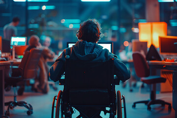 Generated by AI illustration of disabled man woman person using wheelchair on city nature park outdoors disability insurance