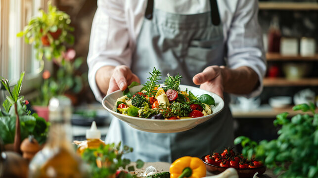 Sustainable Kitchen Practices: A chef showcasing a dish made with locally sourced organic ingredients, promoting environmentally friendly cooking methods