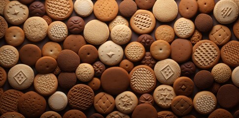 cookie textured background with a variety of cookies, including brown, white, and multi - colored ones, arranged in a row from left to right