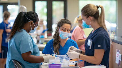 Fototapeta premium Dental Health Education: Dentists and dental hygienists providing dental screenings and oral health education to attendees at a community health fair