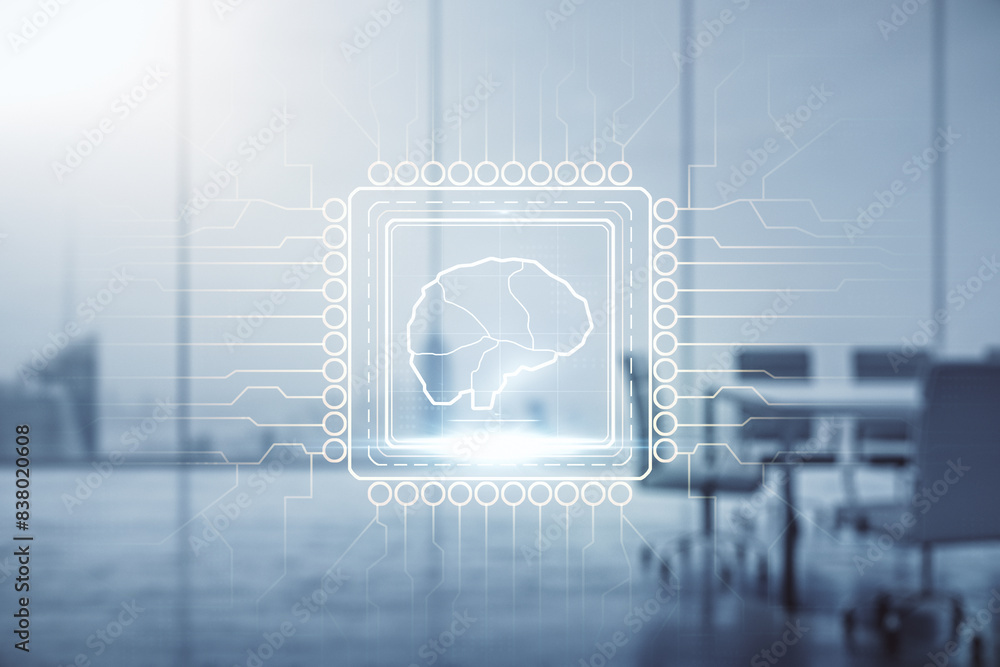 Aufkleber Double exposure of creative artificial Intelligence interface on a modern meeting room background. Neural networks and machine learning concept
