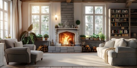 Modern country living room interior design decor with fireplace bookshelves and plants