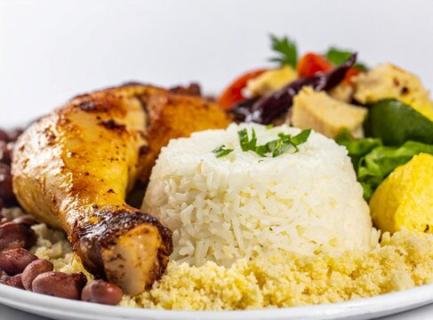 Arroz, feij&atilde;o, farofa, salada e frango grelhado, t&iacute;pica comida brasileira, em fundo branco