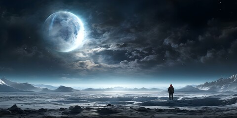 Spacethemed backdrop with a lone astronaut in a desolate environment. Concept Space, Astronaut, Backdrop, Desolate, Environment