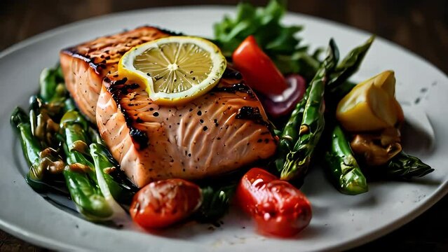 A piece of delicious grilled salmon with green asparagus and lemon, restaurant serving of the dish.
