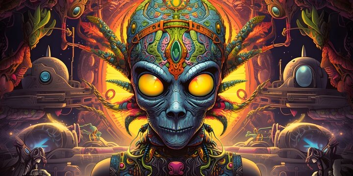 Colorful 70sinspired alien cartoon with psychedelic trippy and retro vibes. Concept Colorful, 70s Inspired, Alien, Cartoon, Psychedelic
