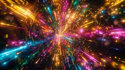 Burst of neon lights exploding outward like fireworks, with vibrant colors and dynamic motion, creating a celebratory and energetic scene 