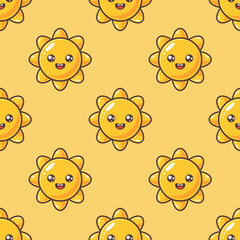 Orange and yellow kawaii little sun with smiling face on orange background. Vector seamless pattern.