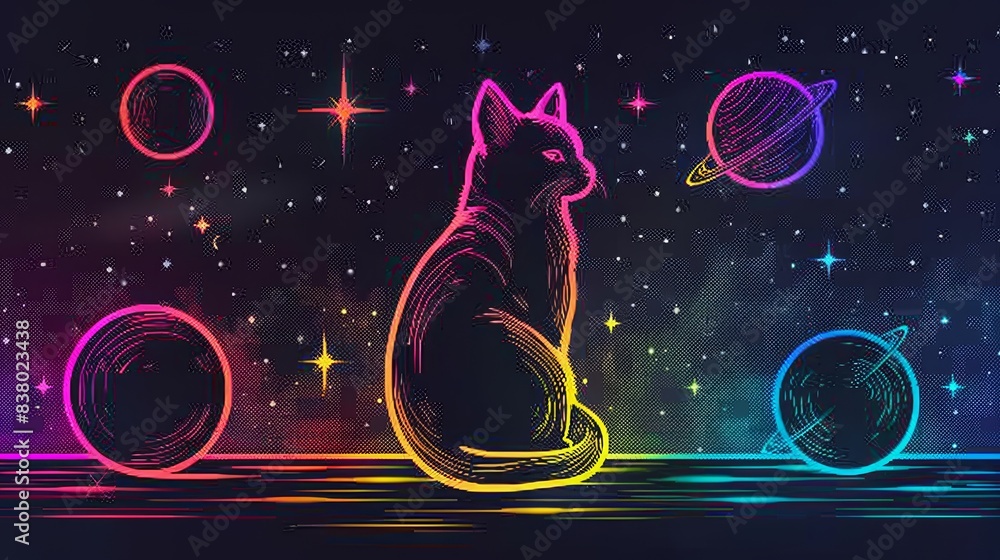 Poster colorful gradient fluid flow with cat line glowing background, abstract background with the colorful
