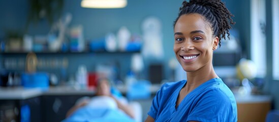 Fototapeta premium Portrait of smiling woman, doctor in blue lab coat standing in modern office settings with blurred patient on background.