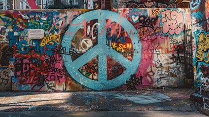 Obraz premium Large peace sign painted on a mural wall in an urban setting, surrounded by vibrant street art and messages of love and unity 