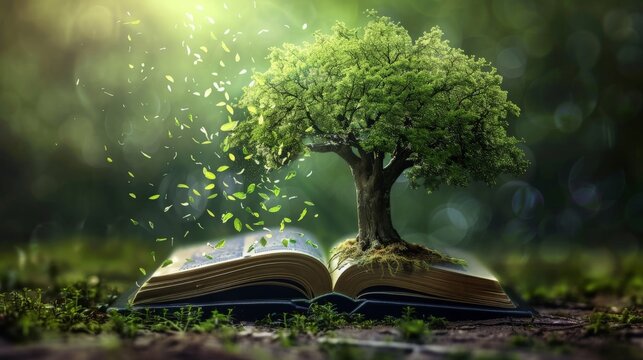 Knowledge tree with leaves that turn into pages of an open book, illustrating the continuous cycle of learning and the eternal quest for understanding 