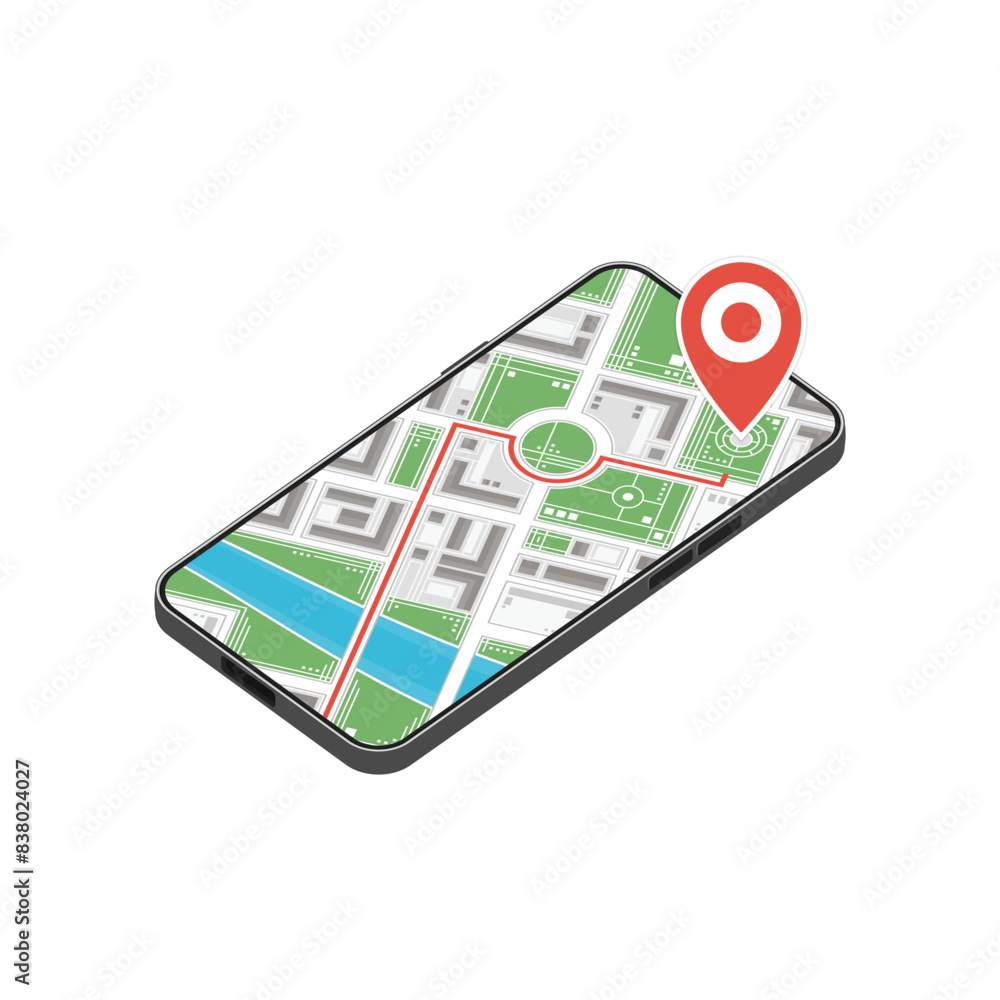 Poster mobile navigation or maps app concepts. smartphone with map on screen and red gps dot, isolated on a