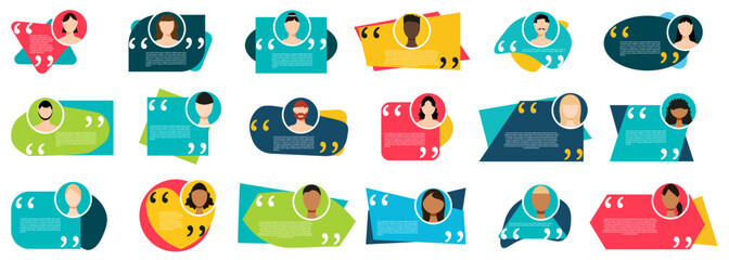 Testimonial speech bubble with people avatar in a flat design. Quote speech bubble boxes with user icons