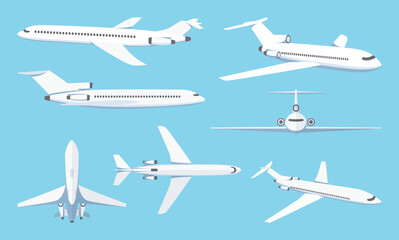 Airplanes in different angles on a blue background. Passenger and cargo air transport. A quick long-distance flight. Vector illustration