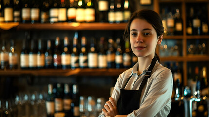 Young female bartender standing confidently in front of a well-stocked bar with a variety of bottles in the background