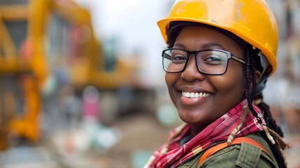 Engineer, Black woman in construction clothes and hat smiling confidently, Portrait of female in a construction site, industry manager and building