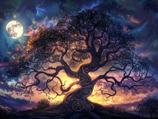 Fototapeta premium Ornate tree of life with branches forming intricate patterns and symbols, against a backdrop of a mystical moonlit night 