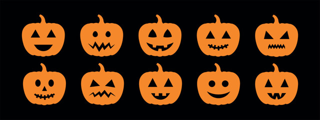 Halloween collection of jack o lantern, orange pumpkin silhouette icons with carved spooky, smiling faces, October party scary cartoon clipart, set of vector design elements