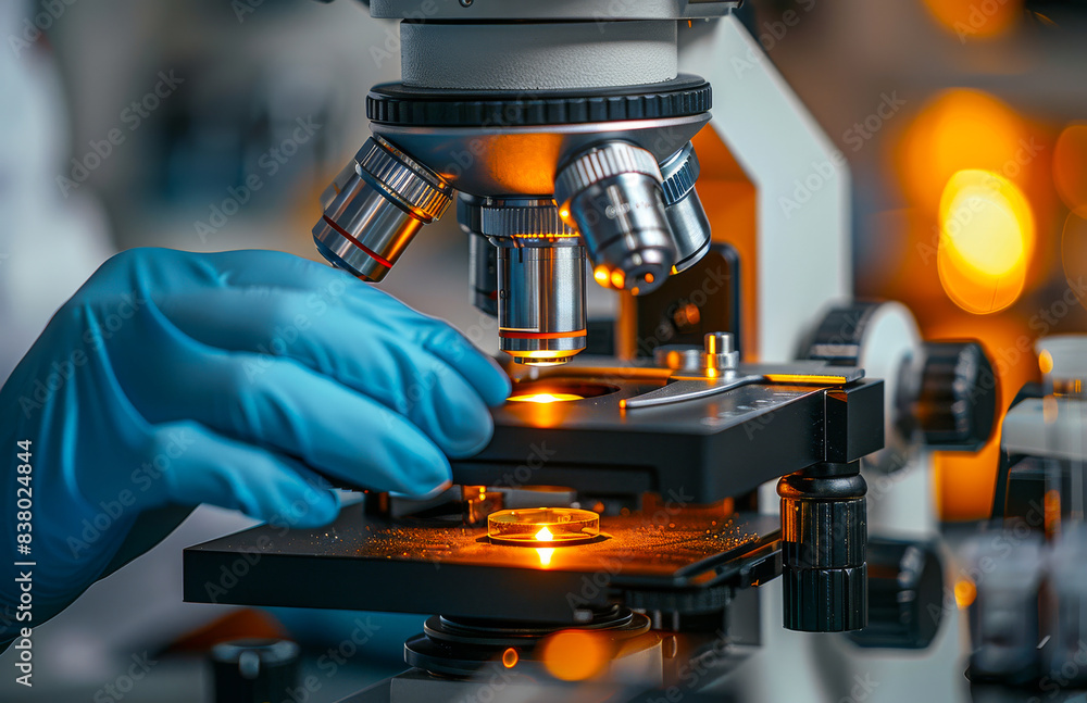 Poster scientist using microscope in laboratory