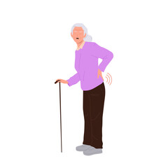 Old elderly woman cartoon character with cane suffering from chronic rheumatism and back pain