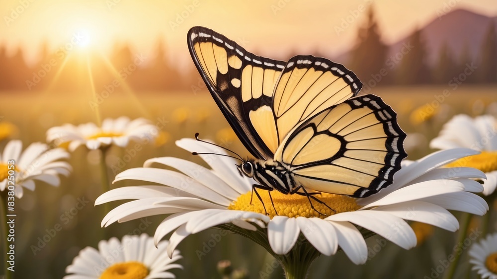 Wall mural close-up macro of a beautiful butterfly on a daisy flower in nature, outdoors in warm yellow tones, 