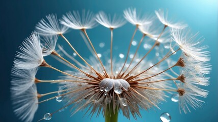 Fototapeta premium Close-up macro of dandelion seeds with water droplets, against a softly focused blue and turquoise background, sparkling in the light