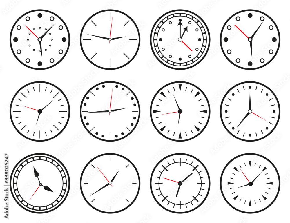 Poster time and clock icons. set of black clock, stopwatch, timer, watch icon. black clock icon collection