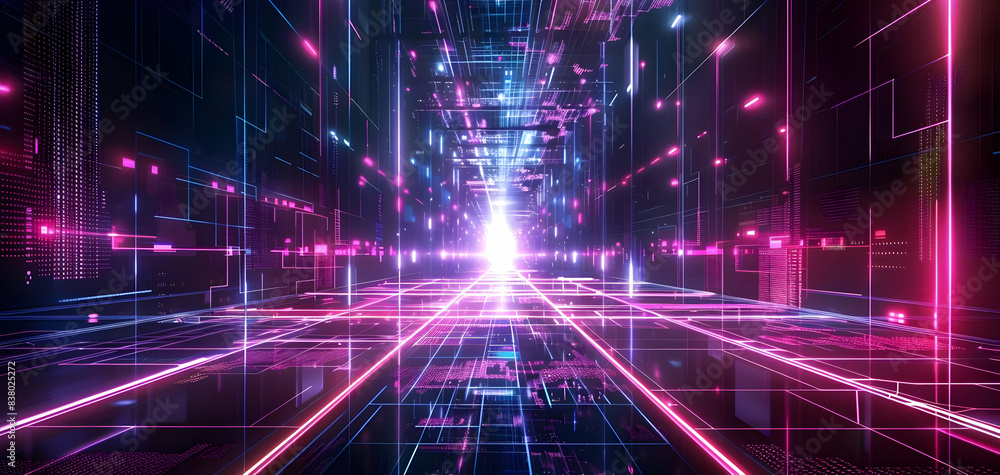 Poster a futuristic glowing neon lights abstract background with digital grids and vibrant colors in a high