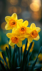 Fototapeta premium Yellow daffodils in the garden. A photo of daffodils blooming in the garden
