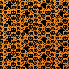 Halloween festive seamless pattern, endless background with pumpkins, ghosts, bats, spiders, black pattern on an orange background