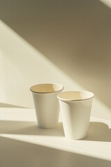 Two beige paper cups, in a minimalist setting with warm falling light. Mockup. Vertical orientation