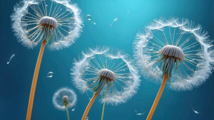 Obraz premium Dandelion seeds adorned with dew, shining in the light against a stunning blue and turquoise background, captured in macro