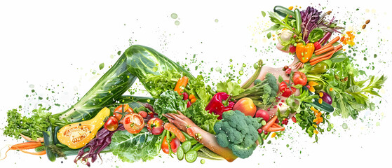 Creative artwork of a reclining human figure made entirely of fresh vegetables and fruits, promoting healthy living and organic food.