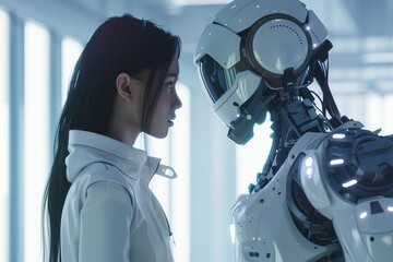 woman confronting ai humanoid concept of humanity vs artificial intelligence futuristic scene