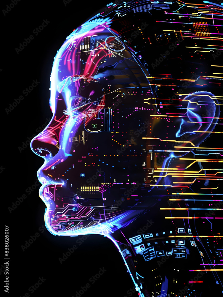 Poster futuristic digital human profile with neon lights and circuit patterns, symbolizing advanced technol
