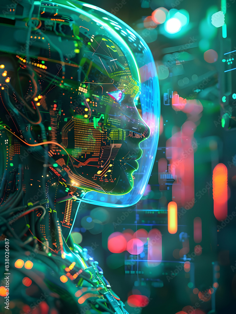Poster futuristic robotic profile with intricate circuitry and vibrant neon lights, symbolizing advanced te